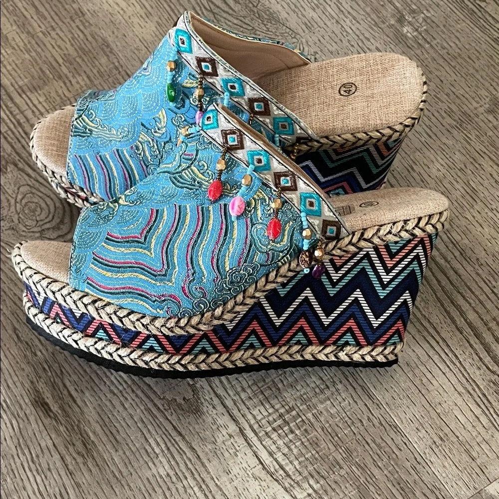 Turquoise Embroidered Beaded Wedge Slide Sandals